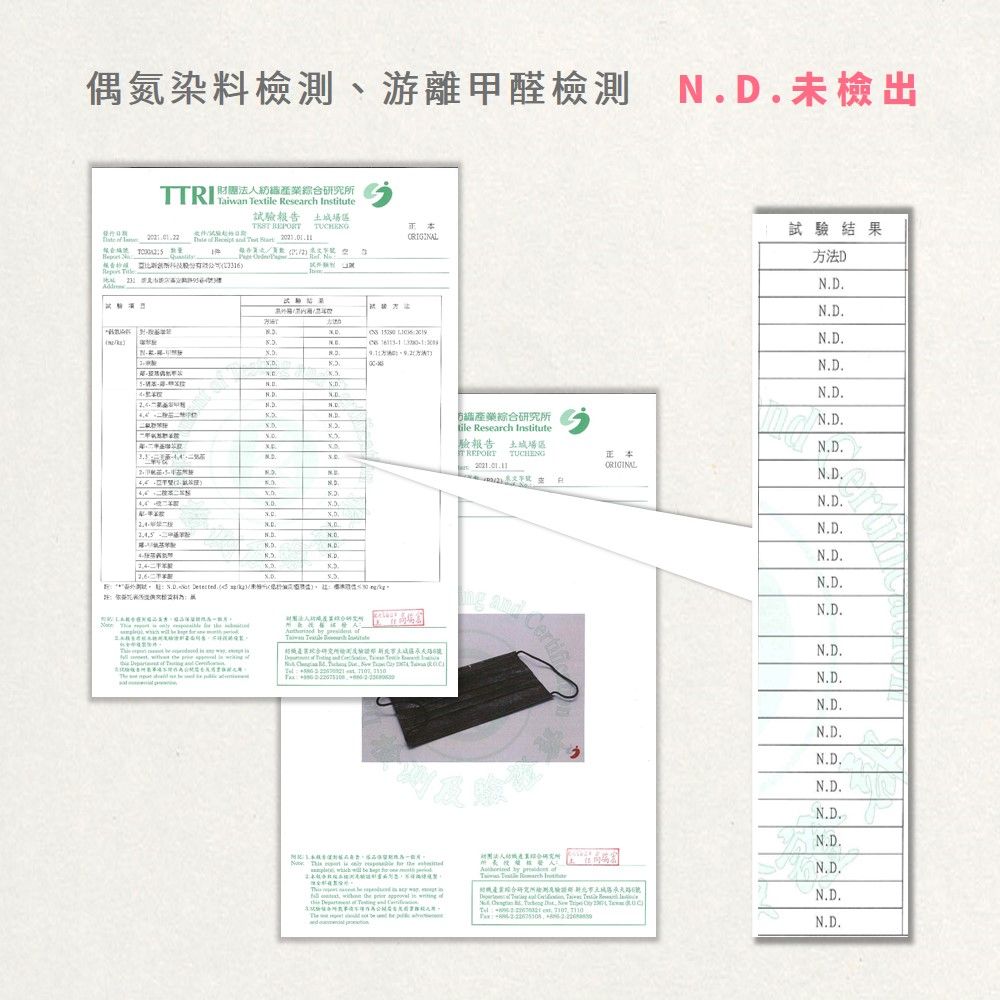 偶氮染料、游離甲醛檢測 未檢出財團法人紡織產業綜合研究所   Research ORIGIAL試驗報告 土城場區   檢      N   ND二ND   .. .                 試驗結果方法DN.D.N.D.N.D.N.D.N.D.產業綜合研究所 Research InstituteN.D.驗報告土城場區N.D. REPORT TUCHENG正本N.D.N.D.N.D.N.D.N.D.N.D.N.D.N.D.N.D.N.D.N.D.N.D.N.D.   N.D.   產業綜合研究所測N.D.        N.D.