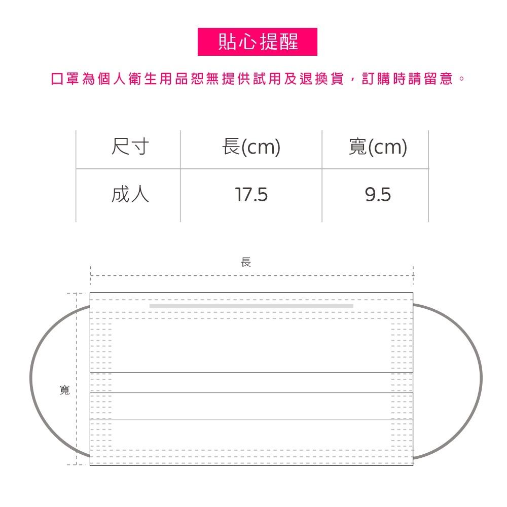 貼心提醒口罩為個人衛生用品恕無提供試用及退換貨,訂購時請留意。寬尺寸長(cm)寬(cm)成人17.59.5長