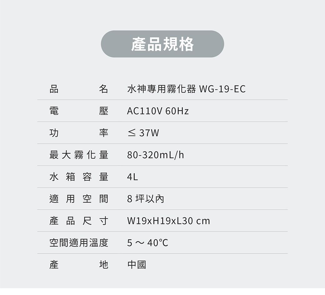 產規格品水神專用霧化器 WG-19-EC壓 AC110V 60Hz率 37W最大霧化量80-320mL/h水箱容量4L適用空間8 以內產品尺寸W19xH19xL30cm空間適用溫度 540C產中國