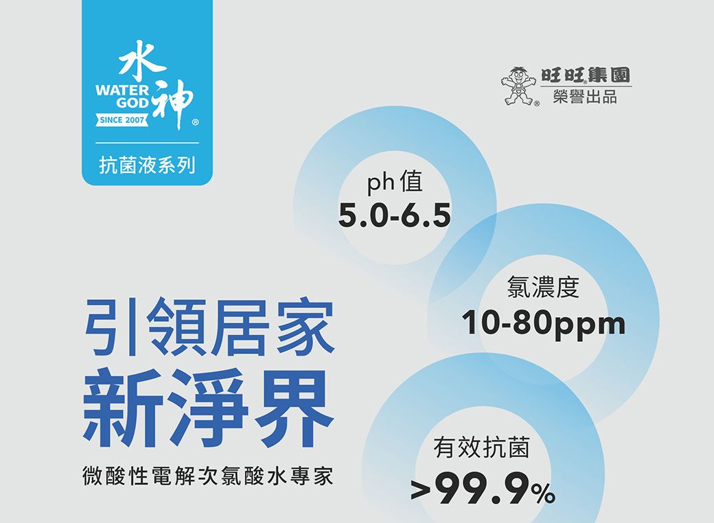 水WATERGODSINCE 20074旺旺集團榮譽出品抗菌液系列ph值5.0-6.5氯濃度引領居家新淨界微酸性電解次氯酸水專家10-80ppm有效抗菌99.9%