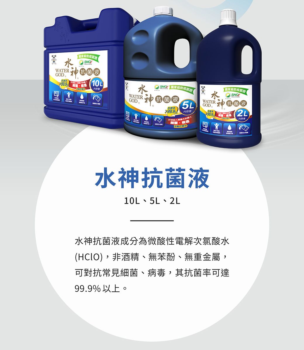 防疫認證WATER 抗菌液GOD99.9内容水WATERGOD 神抗菌99.9内容量SNQ 防疫認證【抗菌液5L水WATER防疫認證SNQ神抗液99.9菌、病毒2L内容量水神抗菌液10L、5L、2L水神抗菌液成分為微酸性電解次氯酸水(HClO),非酒精、無苯酚、無重金屬,可對抗常見細菌、病毒,其抗菌率可達99.9%以上。