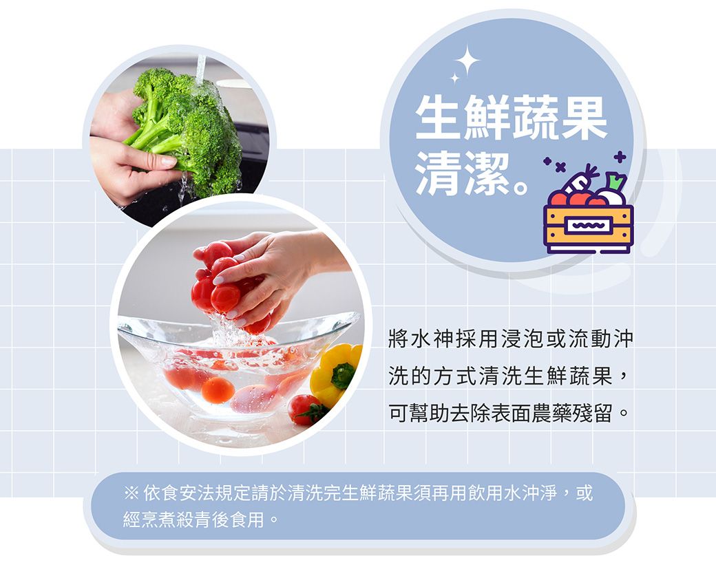 生鮮蔬果清潔將水神採用浸泡或流動沖洗的方式清洗生鮮蔬果,可幫助去除表面農藥殘留。※依食安法規定請於清洗完生鮮蔬果須再用飲用水沖淨,或經烹煮殺青後食用。