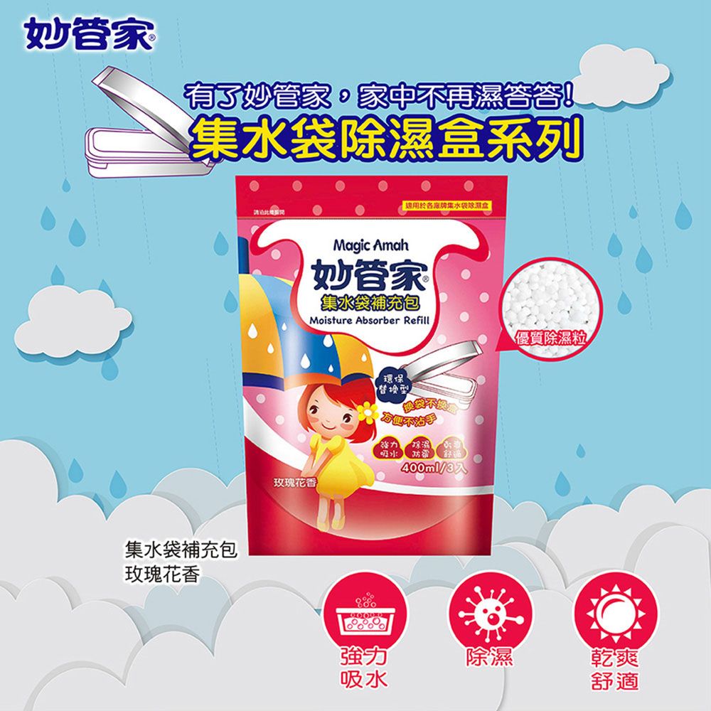 妙管家有了妙管家家中不再濕答答!集水袋除濕系列集水袋補充包玫瑰花香於各廠牌集水袋除濕盒Magic Amah妙管家集水袋補充包Moisture Absorber Refill優質除濕粒環保400ml/玫瑰花香強力吸水除濕乾爽舒適
