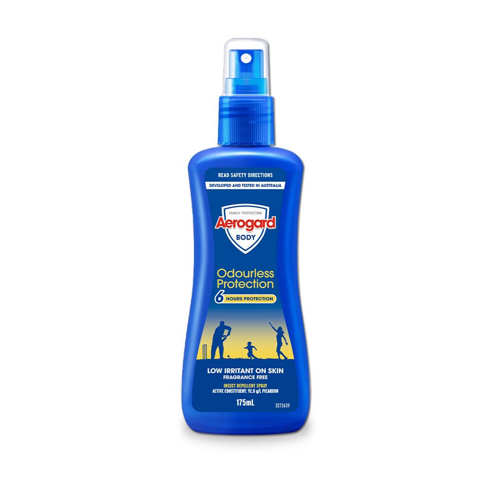 READ SAFETY DIRECTIONSDEVELOPED AND TESTED IN AUSTRALIAFAMILY PROTECTIONAeroardBODYOdourlessProtection6HOURS PROTECTIONLOW IRRITANT ON SKINFRAGRANCE FREEINSECT REPELLENT SPRAYACTIVE CONSTITUENT: 92.8 g/L PICARIDIN175mL3272639
