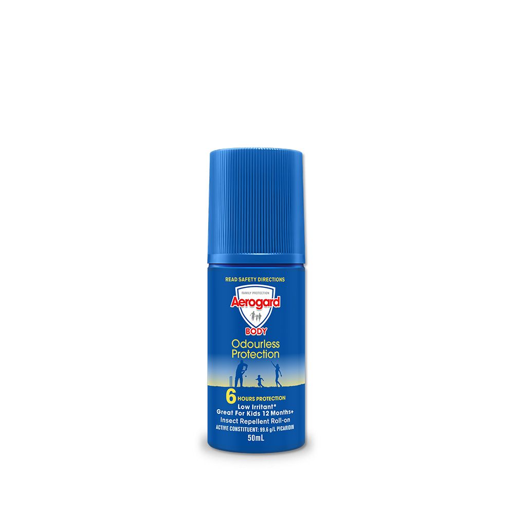 READ SAETY DIRECTIONS AeroardBODYOdourlessProtecti6 HOURS FHOURS PROTECTIONLow Irritant⭑Great For Kids 12 MonthsInsect Repellent RollonACTIVE CONSTITUENT: 99.6 gL 50mL