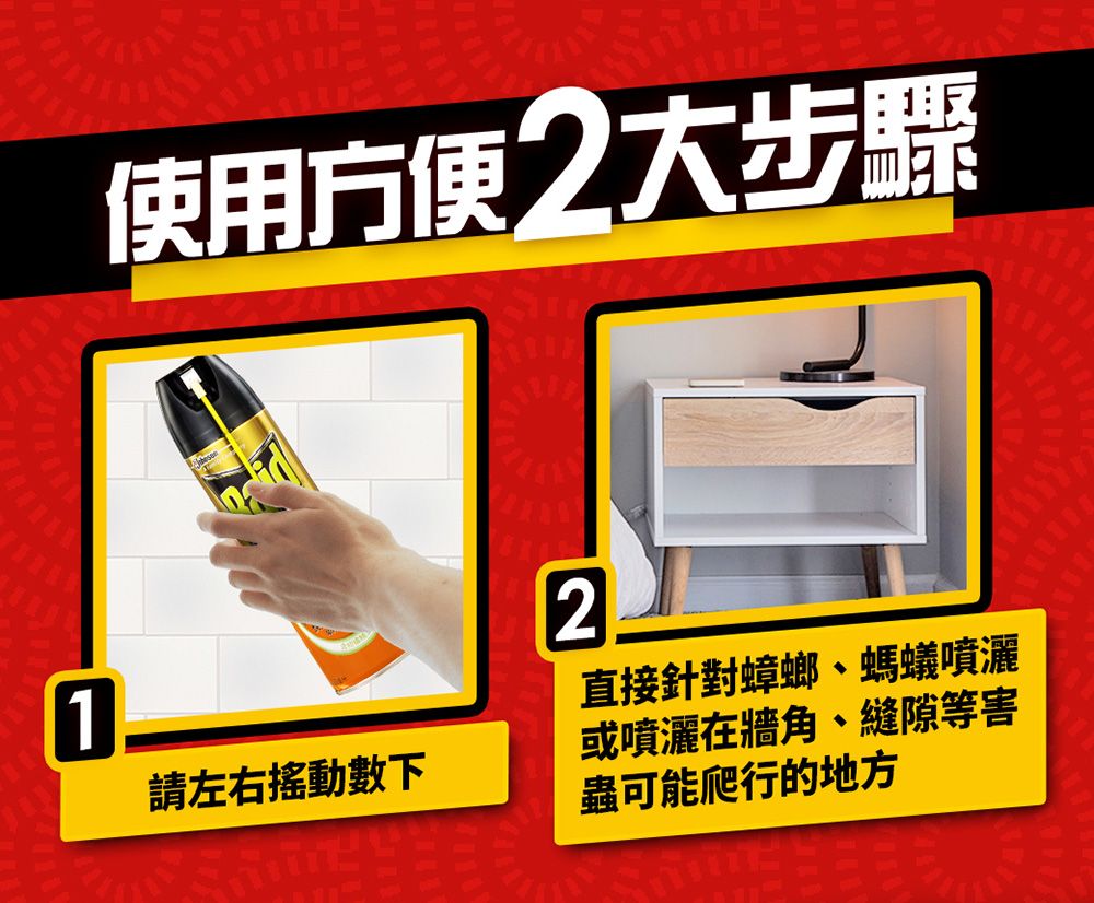 使用方便2大步驟21請左右搖動數下直接針對蟑螂、螞蟻噴灑或噴灑在牆角、縫隙等害蟲可能爬行的地方