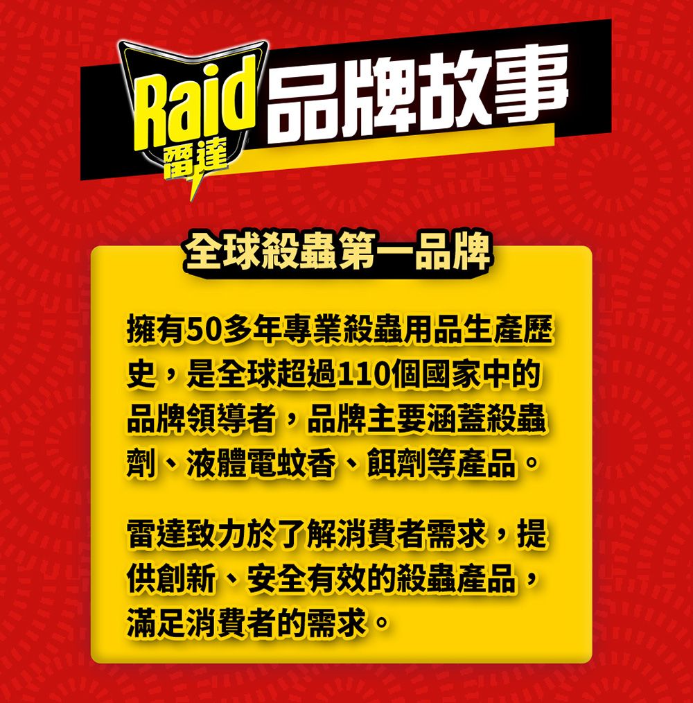 Raid 品牌故事雷達全球殺蟲第一品牌擁有50多年專業殺蟲用品生產史,是全球超過110個國家中的品牌領導者,品牌主要涵蓋殺蟲劑、液體電蚊香、餌劑等產品。雷達致力於了解消費者需求,提供創新、安全有效的殺蟲產品,滿足消費者的需求。