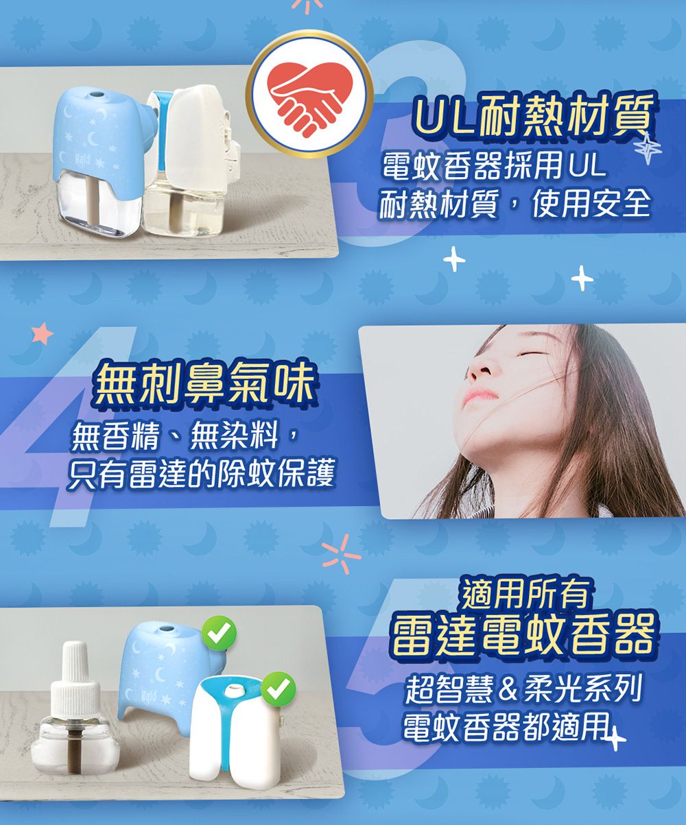 無刺鼻氣味無香精、無染料,只有雷達的除蚊保護耐熱材質電蚊香器採用 UL耐熱材質,使用安全適用所有雷達電蚊香器超智慧&柔光系列電蚊香器都適用