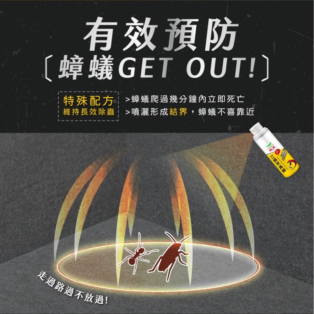 有效預防〔蟑蟻GET OUT!特殊配方 蟑蟻爬過幾分鐘內即死亡維持長效除蟲噴灑形成結界,蟑蟻不喜靠近走過路過不放過!立