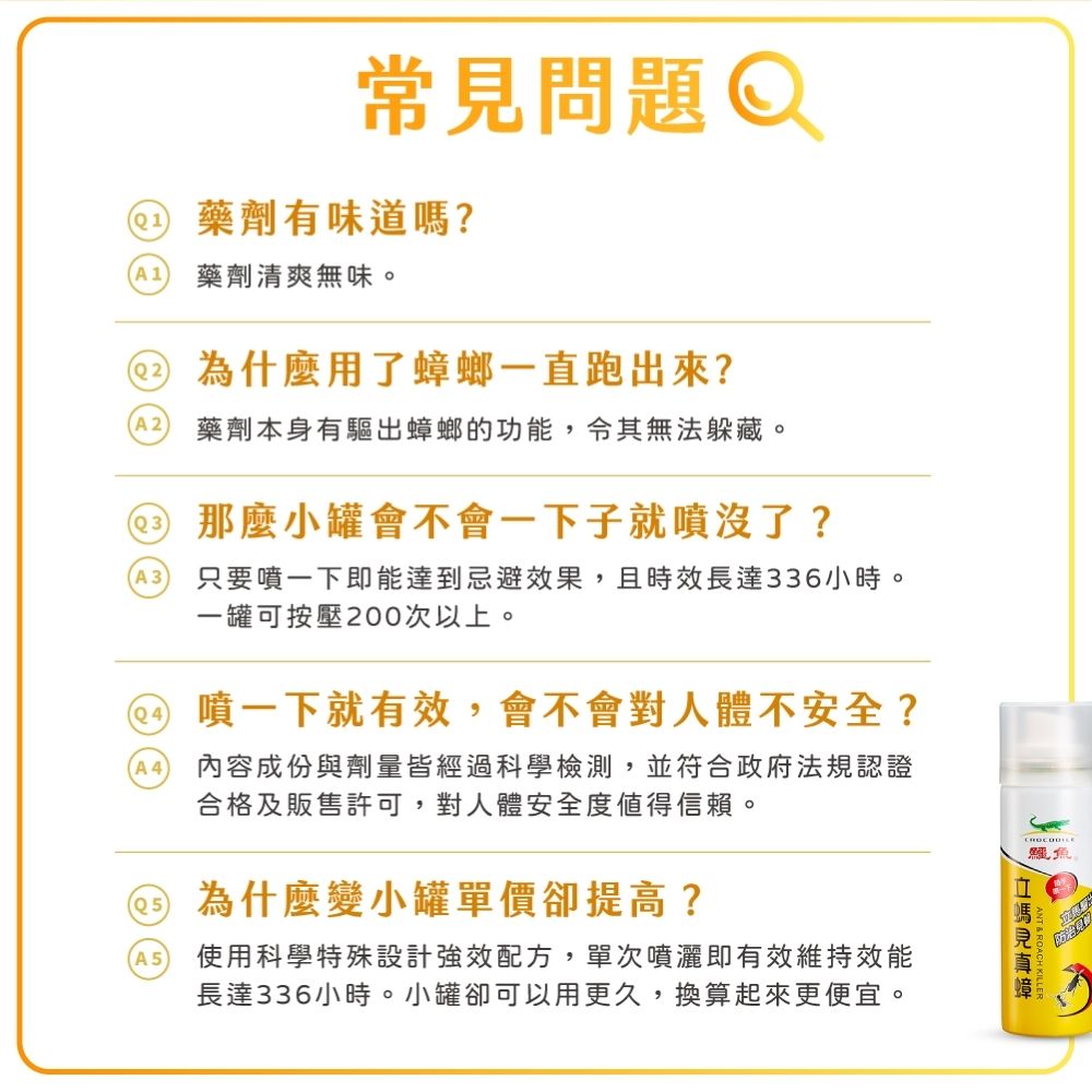 常問題 藥劑有味道?A1 藥劑清爽無味。 為什麼用了蟑螂一直跑出來?A2 藥劑本身有驅出蟑螂的功能,令其無法躲藏。② 那麼小罐會不會一下子就噴沒了?A3 只要噴一下即能達到忌避效果,且時效長達336小時。一罐可按壓200次以上。(A4噴一下就有效,會不會對人體不安全?內容成份與劑量皆經過科學檢測,並符合政府法規認證合格及販售許可,對人體安全度值得信賴。為什麼變小罐單價卻提高?A5 使用科學特殊設計強效配方,單次噴灑即有效維持效能長達336小時。小罐卻可以用更久,換算起來更便宜。鱷魚嗎見