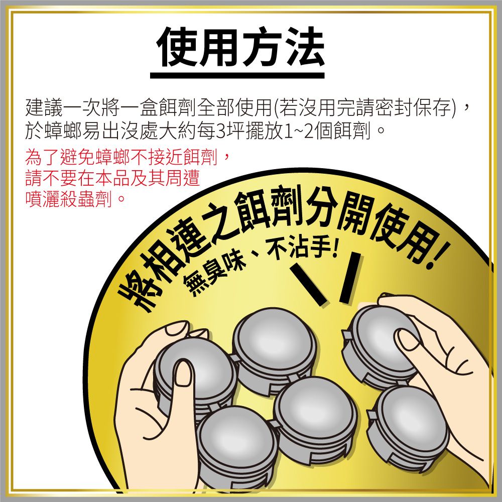 使用方法建議一次將一盒餌劑全部使用(若沒用完請密封保存),於蟑螂易出沒處大約每3坪擺放1~2個餌劑為了避免蟑螂不接近餌劑,請不要在本品及其周遭噴灑殺蟲劑。無臭味、不沾手!!