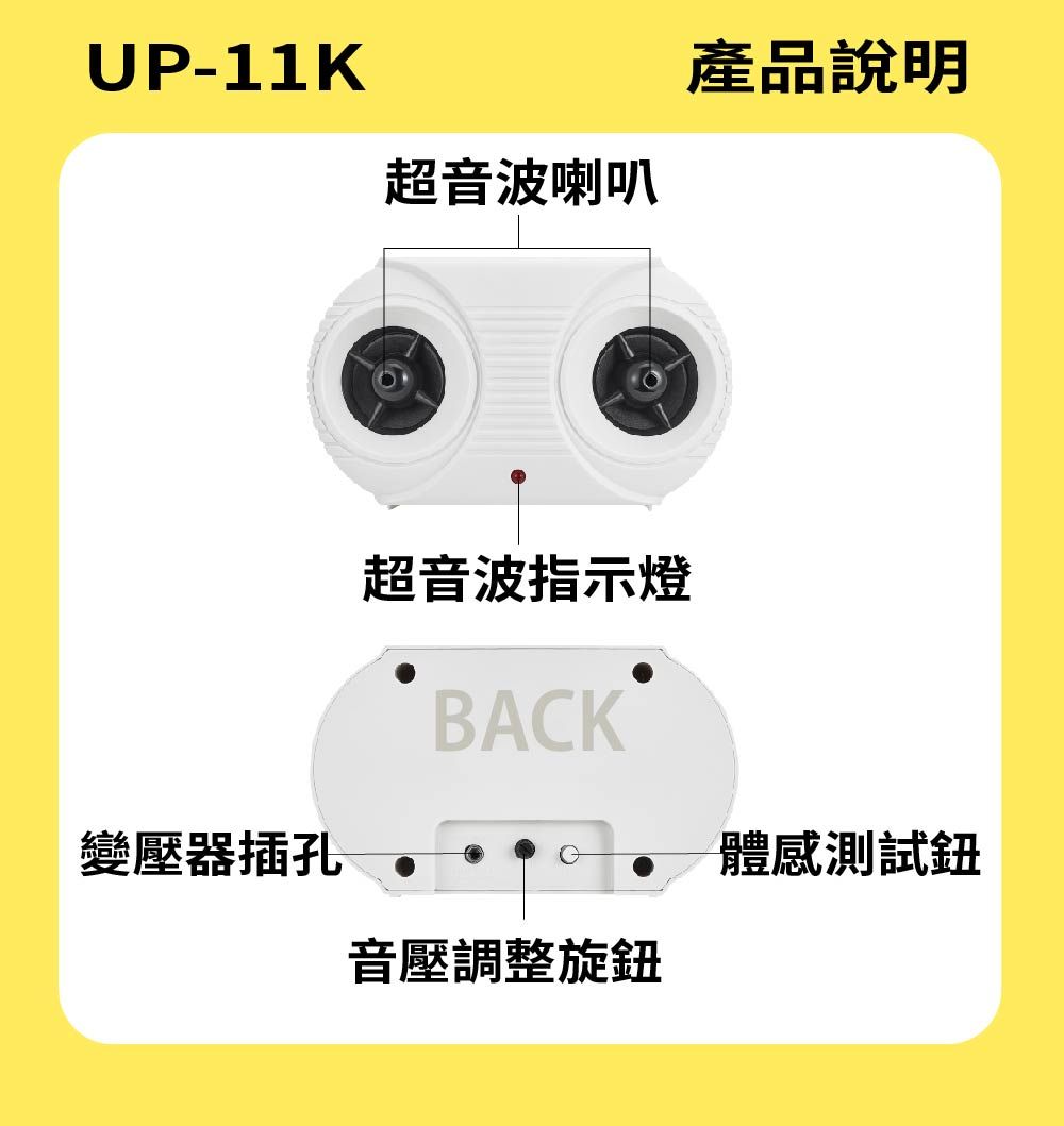 UP-11K變壓器插孔超音波喇叭產品說明超音波指示燈BACK音壓調整旋鈕體感測試鈕