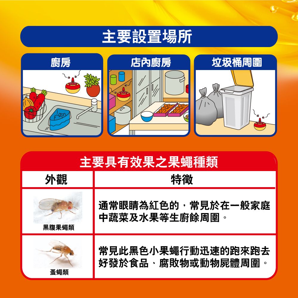 主要設置場所廚房店內廚房垃圾桶周圍外觀主要具有效果之果蠅種類特徵黑腹果蠅類蚤蠅類通常眼睛為紅色的,常見於在一般家庭中蔬菜及水果等生廚餘周圍。常見此黑色小果蠅行動迅速的跑來跑去好發於食品、腐敗物或動物屍體周圍。