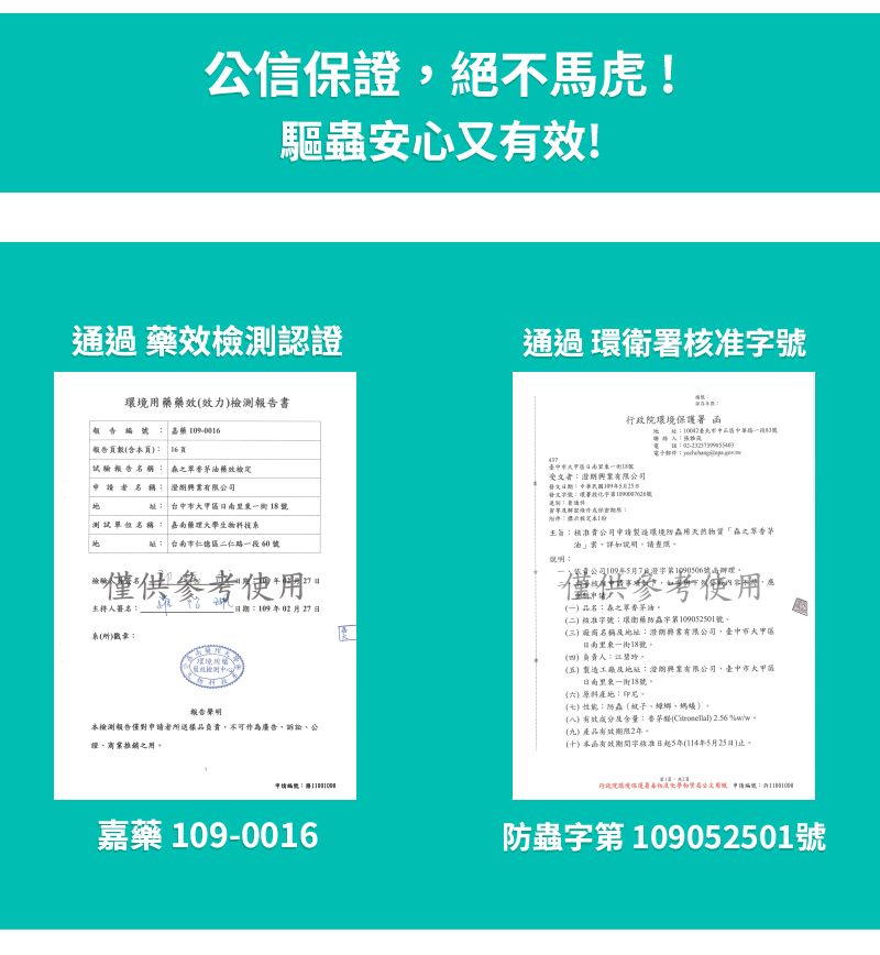 信保絕不馬虎!驅安心又有效!通效檢測認證通過衛字效力檢測書 藥 數本頁 頁報告 藥效 有限 台中市大甲行政院環境保護署函臺中市大甲南18受文者興業有限環署  嘉南藥理大學生物科技址 台南市仁路段60號僅供參考期0日主持簽名系環境報告本檢測報告僅對者所樣品負責不可作為廣告公證推銷之公司申請製造環境用天然物質「蟲之案詳,請說明2公司109月7199006號過辦理僅供參考使用一品名之油二藥號(三廠商名稱及地址:證有限公司,臺中市大甲一18號()負責人:(五)製造工廠地址:澄朗興業有限公司,臺中市大甲區里一街18號(六)原料產地:印尼。():防蟲(紋)。()有效成分及:香茅() 256 .(九)產品有效期限2年。(十)本函有效申核准日5年(年5月25日)止。嘉藥 109-0016防蟲字第 109052501號