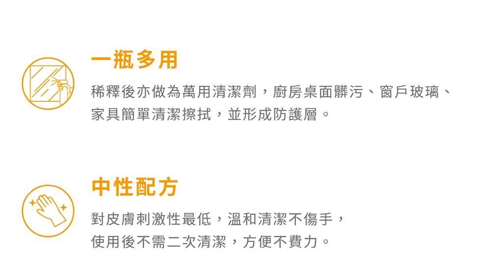 一瓶多用稀釋後亦做為萬用清潔劑,廚房桌面髒污、窗戶玻璃、家具簡單清潔擦拭,並形成防護層。中性配方對皮膚刺激性最低,溫和清潔不傷手,使用後不需二次清潔,方便不費力。