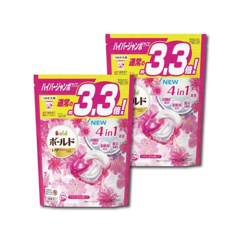 日本P&amp;G Bold新4D炭酸機能4合1洗淨消臭柔順香氛洗衣球39顆/袋 (洗衣機槽防霉洗衣膠囊)-牡丹花香(粉紅)x2袋