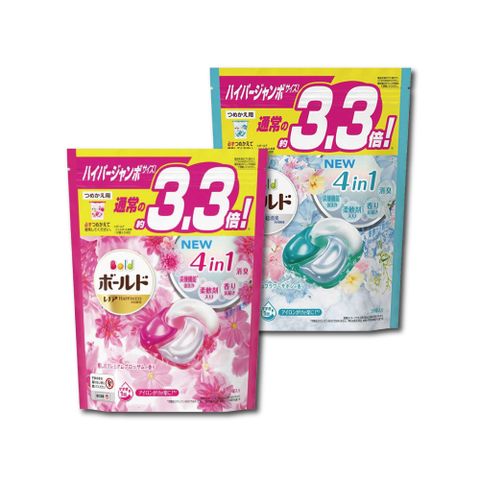 日本P&amp;G Bold新4D炭酸機能4合1洗淨消臭柔順香氛洗衣球39顆/袋 (洗衣機槽防霉洗衣膠囊)-粉紅牡丹1袋+水藍白葉1袋