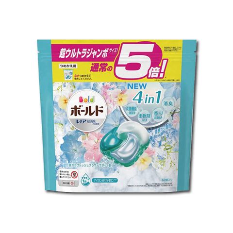 日本P&amp;G Bold新4D炭酸機能4合1洗淨消臭柔順香氛洗衣球60顆/袋 (洗衣機槽防霉洗衣膠囊)-白葉花香(水藍)
