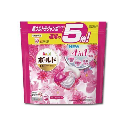 日本P&amp;G Bold新4D炭酸機能4合1洗淨消臭柔順香氛洗衣球60顆/袋 (洗衣機槽防霉洗衣膠囊)-牡丹花香(粉紅)