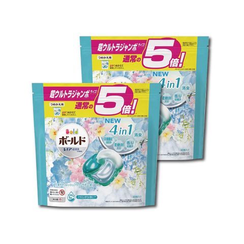 日本P&amp;G Bold新4D炭酸機能4合1洗淨消臭柔順香氛洗衣球60顆/袋 (洗衣機槽防霉洗衣膠囊)-白葉花香(水藍)x2袋