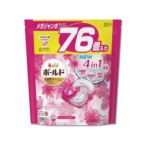 日本P&amp;G Bold- 新4D炭酸機能4合1洗淨消臭柔順香氛洗衣凝膠球76顆/袋-牡丹花香(粉紅)