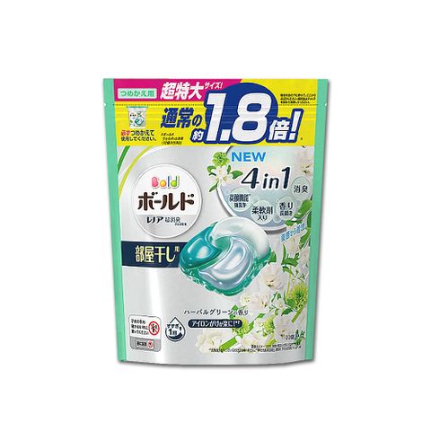 日本P&amp;G Bold-新4D炭酸機能4合1強洗淨2倍消臭柔軟香氛洗衣凝膠球-淺綠色植萃花香22顆/袋