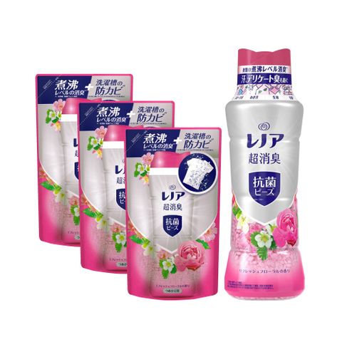(1+3超值組)日本P&amp;G Lenor-超消臭衣物除臭顆粒香香豆490ml/瓶*1+補充包430ml/袋*3-清新花香(紅色)