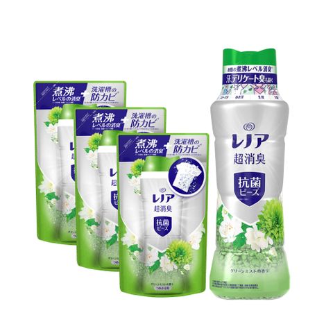 (1+3超值組)日本P&amp;G Lenor-超消臭衣物除臭顆粒香香豆490ml/瓶*1+補充包430ml/袋*3-陽光森林(綠色)