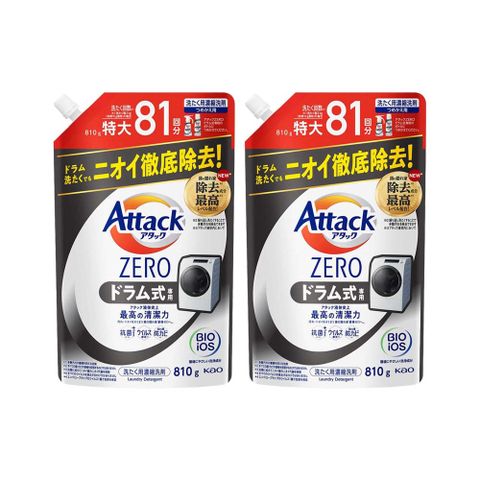 (2袋超值組)日本KAO花王-Attack ZERO極淨超濃縮洗衣精補充包810g/袋-滾筒式洗衣機專用(黑)x2袋