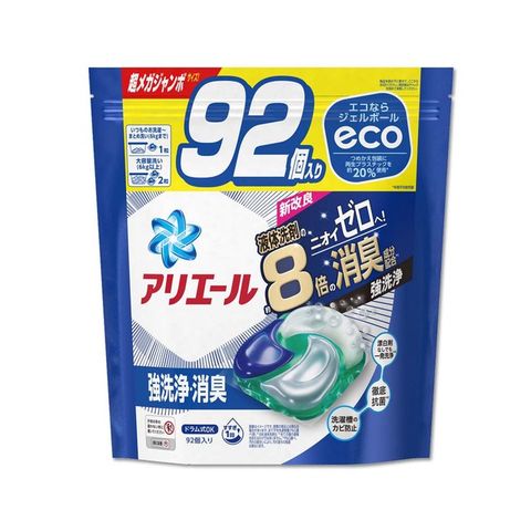 日本P&amp;G-Ariel 8倍消臭酵素強洗淨去污洗衣凝膠球92顆/袋(除臭洗衣球)-清新淨白