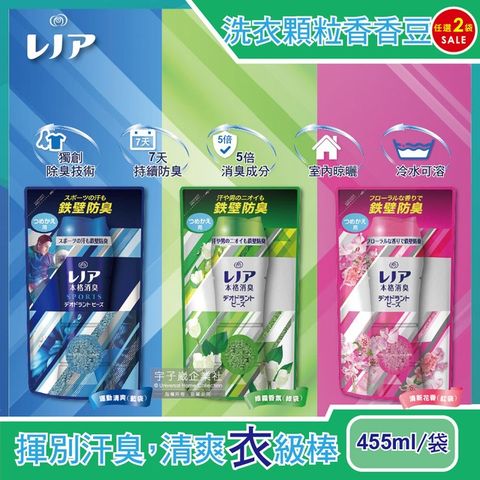 (2袋組)日本P&amp;G Lenor本格衣物芳香顆粒香香豆455ml/袋-運動清爽(藍)+綠霧除臭(綠)