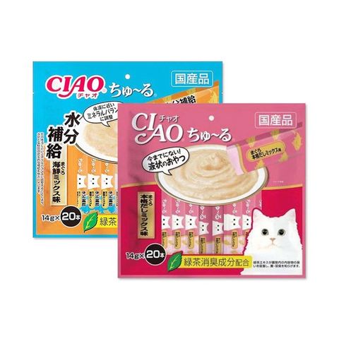 (2袋組)日本CIAO-貓咪營養肉泥流質點心20入/袋-鮪魚鰹魚(粉紅)+補水鮪魚海鮮(藍橘)