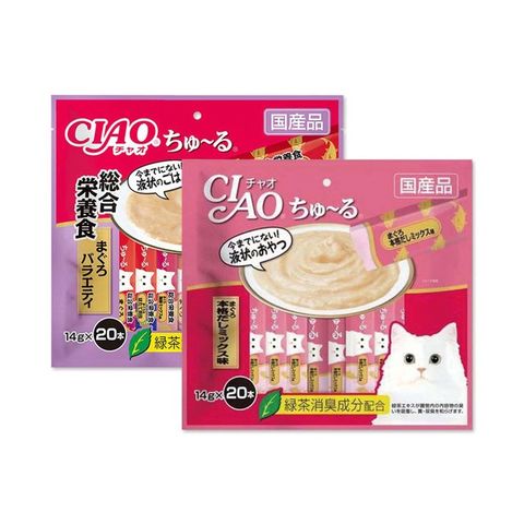 (2袋組)日本CIAO-貓咪營養肉泥流質點心20入/袋-鮪魚鰹魚(粉紅)+營養綜合鮪魚(紫紅)