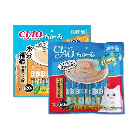 (2袋組)日本CIAO-貓咪營養肉泥流質點心20入/袋-鰹魚柴魚(藍)+補水鮪魚海鮮(藍橘)