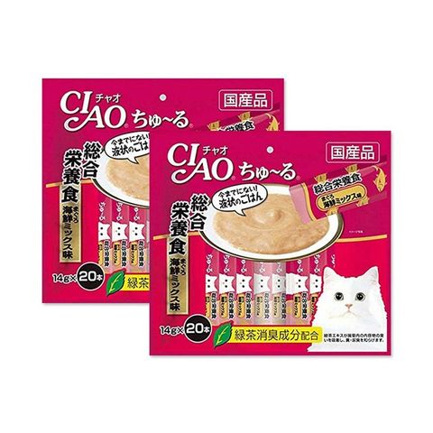 (2袋組)日本CIAO-啾嚕貓咪營養肉泥寵物補水流質點心20入/袋-營養鮪魚海鮮(酒紅袋)