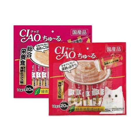(2袋組)日本CIAO-貓咪營養肉泥流質點心20入/袋-鮪魚海鮮(紅)+營養鮪魚海鮮(酒紅)