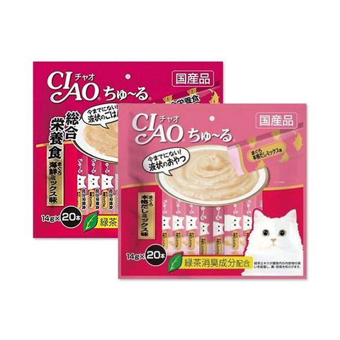 (2袋組)日本CIAO-貓咪營養肉泥流質點心20入/袋-鮪魚鰹魚(粉紅)+營養鮪魚海鮮(酒紅)