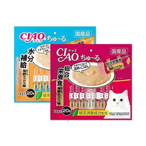 (2袋組)日本CIAO-貓咪營養肉泥點心20入/袋-營養鮪魚海鮮(酒紅)+補水鮪魚海鮮(藍橘)