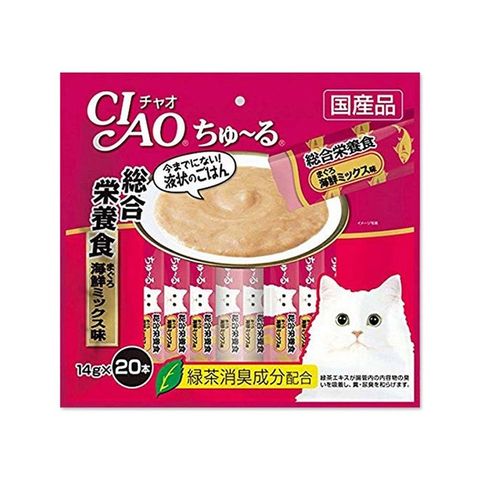 日本CIAO-啾嚕貓咪營養肉泥幫助消化寵物補水流質點心20入/袋-營養鮪魚海鮮(酒紅袋)
