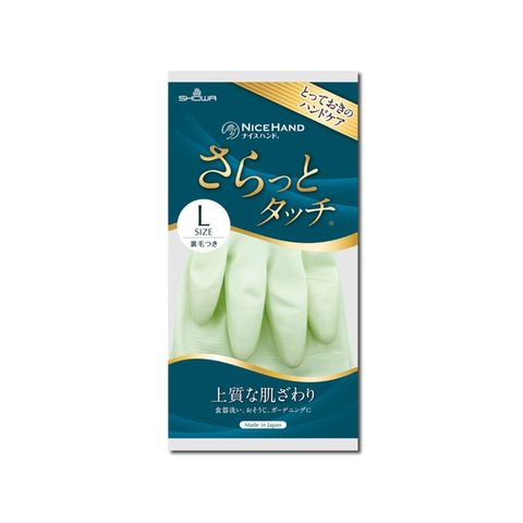日本 SHOWA-廚房浴室加厚PVC強韌防滑珍珠光澤絨毛萬用清潔手套1雙/袋-粉嫩綠L