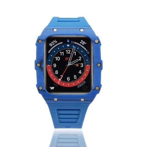 Apple Watch 4/5/6/7/SE 蘋果手錶保護殼 藍色系碳纖維 矽膠錶帶 44mm/45mm(碳纖維blue)