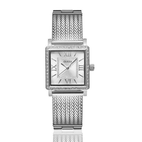 【GUESS】白面 銀殼 銀刻度 米蘭+不鏽鋼錶帶 晶鑽方型腕錶(W0826L1)