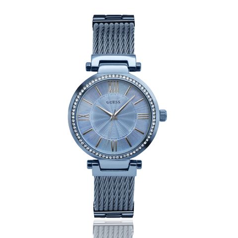 【GUESS】藍面 藍殼 編織+不鏽鋼錶帶 晶鑽腕錶(W0638L3)