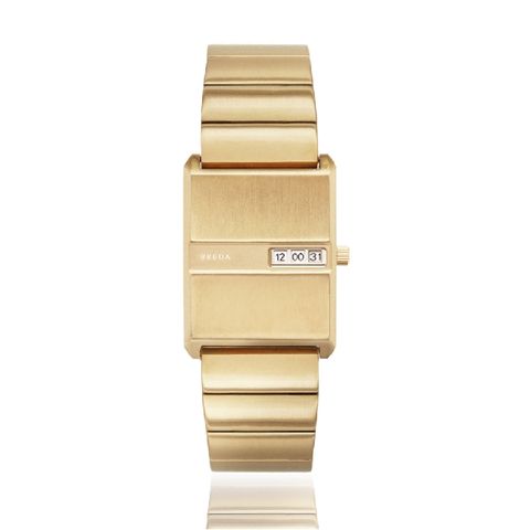 【BREDA】PULSE系列設計 金色不鏽鋼矩形錶殼 數字視窗顯示 不鏽鋼錶帶(1745A)