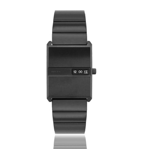 【BREDA】PULSE系列設計 黑色不鏽鋼矩形錶殼 數字視窗顯示 不鏽鋼錶帶(1745C)