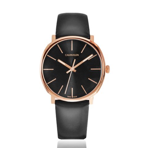 Calvin Klein 美國原廠平行輸入 CK紳士簡約三針皮帶手錶-黑x玫瑰金 K8Q316C3 限時搭贈錶帶