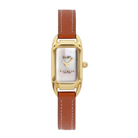 【COACH】Cadie系列 金框 白色貝殼面 方型腕錶 橘棕色皮革錶帶 女錶(14504029)