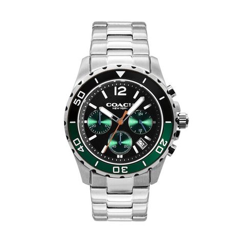 【COACH】KENT系列 黑+綠面 銀色框 不鏽鋼錶帶 三眼計時腕錶 手錶 男錶(14602557)