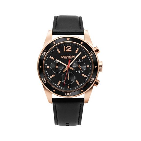【COACH】Sullivan系列 黑面 玫瑰金框 黑色皮革三眼計時腕錶 手錶 男錶(14602087)