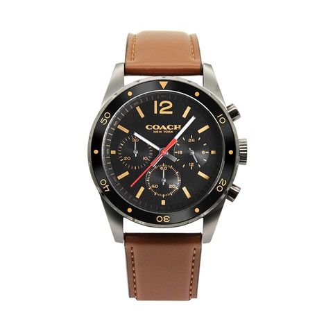 【COACH】Sullivan系列 黑面 黑框 咖啡色皮革錶帶 三眼計時腕錶 手錶 男錶(14602070)